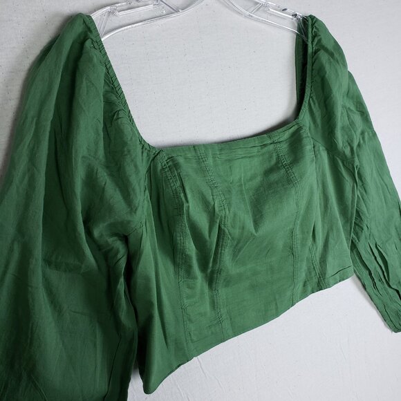 NWOT American Eagle AE Cropped Corset Balloon Sleeve Top Smocked Back Green sz L - Picture 7 of 15